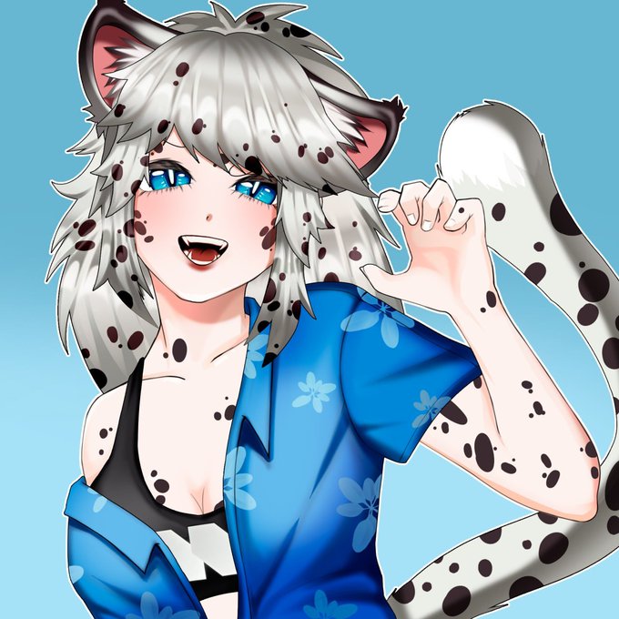 An anime-style illustration of a character with white hair, blue eyes, cat ears, and a spotted fur pattern, wearing an open blue floral shirt.