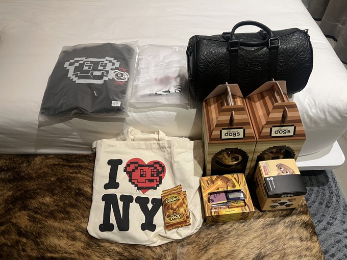A collection of items displayed on a bed including clothing with pixel art designs, an 'I ❤️ NY' tote bag, a black duffel bag, 'mini dogs' boxes, and snack packages.