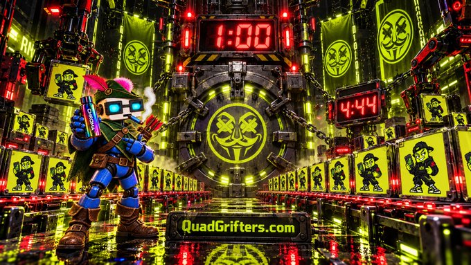 A cyberpunk-style promotional image for QuadGrifters.com featuring a futuristic character with glowing blue goggles holding weapons, set in a high-tech facility with countdown timers reading 1:00 and 4:44.