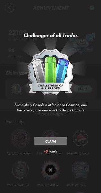 An achievement notification titled 'Challenger of all Trades' in an app, with text stating 'Successfully Complete at least one Common, one Uncommon, and one Rare Challenge Capsule'.
