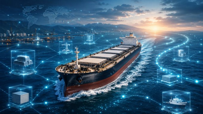 A digital composite showing a large cargo ship on the ocean at sunset, overlaid with glowing blue digital icons and a world map representing global shipping logistics.