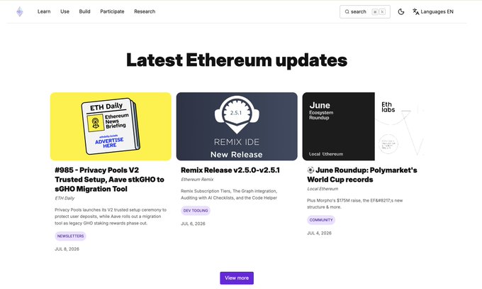 A screenshot of the Ethereum.org 'Latest Ethereum updates' page showing three articles: '#985 - Privacy Pools V2 Trusted Setup, Ave sGHO to sGHO Migration Tool' (Jul 6), 'Remix Release v2.5.0-v2.5.1' (Jul 6), and 'June Roundup: Polymarket's World Cup records' (Jul 6).