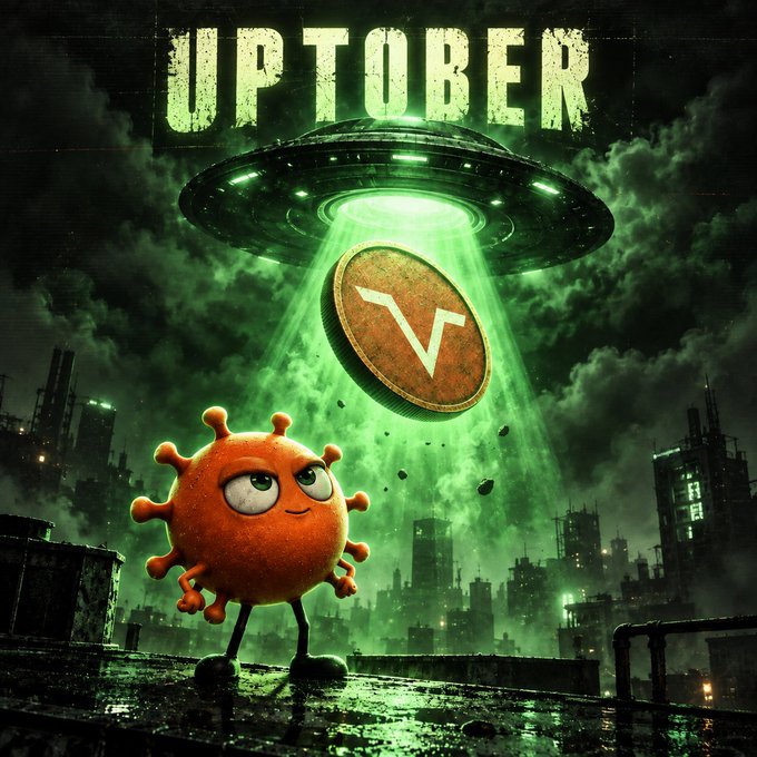 A promotional graphic reads "UPTOBER" above a UFO beaming up a V-shaped coin, with a cartoon coronavirus character standing on a rooftop below.