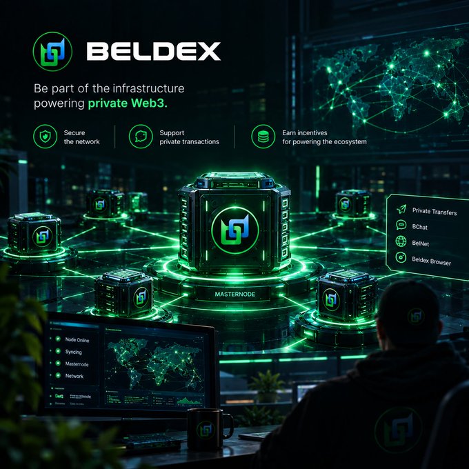 A promotional graphic for 'BELDEX' cryptocurrency, advertising infrastructure for 'private Web3' with features like masternodes, private transfers, and a BelNet browser.