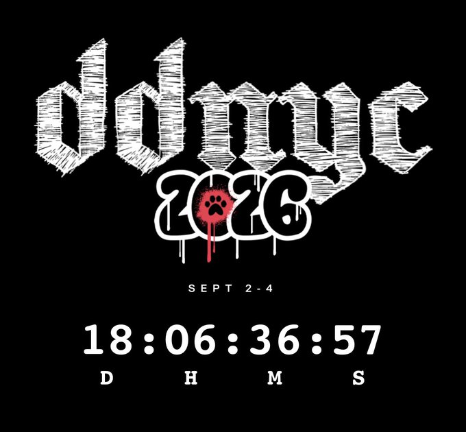 A black poster with white gothic-style text reading 'oddity 2026', featuring a red paw print and a countdown timer showing 18 days, 06 hours, 36 minutes, 57 seconds until September 2-4.