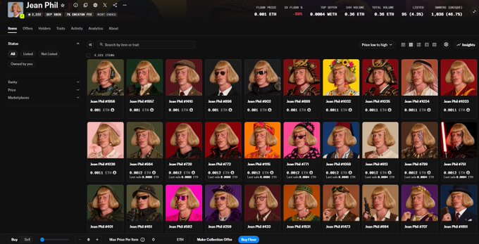 The image shows a profile page on Magic Eden for the "Joan Phil #690" NFT collection, displaying dozens of variations of a character wearing different hats (including cowboy hats, sombreros, and holiday-themed accessories) against various colored backgrounds, each priced in ETH. With 8,090 items listed and a floor price of 0.061 ETH, the "Reveal is live! HIGHER" post suggests the collection has just unveiled its final artwork, likely explaining why the floor price is rising as collectors can now see the final traits.