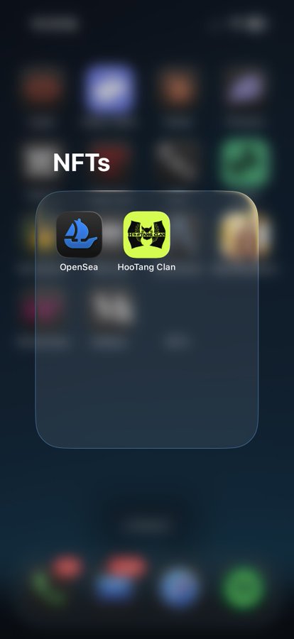 A smartphone home screen showing an 'NFTs' folder containing the OpenSea app and the HooTang Clan app, which has a lime green icon with a black dog face.