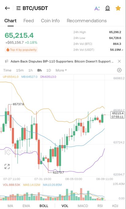A mobile trading app screen displaying a BTC/USDT candlestick chart with a current price of 65,215.4, alongside 24-hour high/low stats and moving averages.