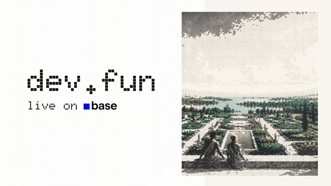 A minimalist graphic design with pixelated text "dev.fun live on base" next to a pixel art landscape depicting two figures overlooking a garden with water.
