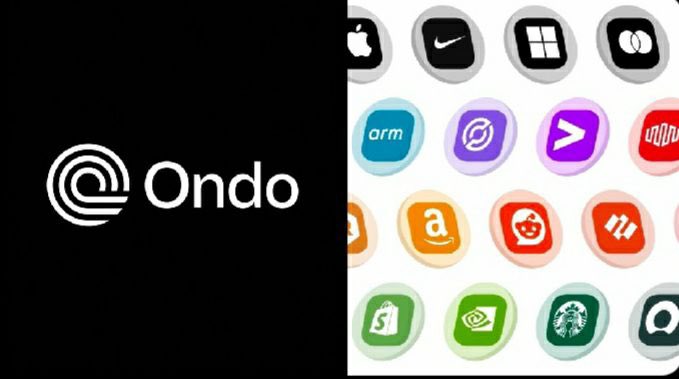 The image features a black and white logo for an app called "Ondo" against a white background. The Ondo logo includes various icons representing different industries, such as AI, robotics, defense technology, and data center energy. These icons are arranged in a grid format on the image. Below the logo, there is a post that discusses how Ondo Finance is broadening access to tokenized real world assets by offering new offerings related to high growth industries like AI, robotics, and defense tech. The post also mentions that these tokens may offer dividends.