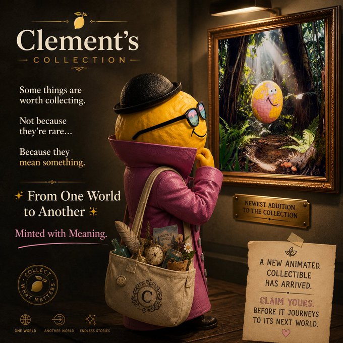 An advertisement for 'Clement's Collection' features a citrus character with a hat, glasses, and satchel viewing a glowing egg in a gallery, promoting their 'ANIMATED, COLLECTIBLE' items.