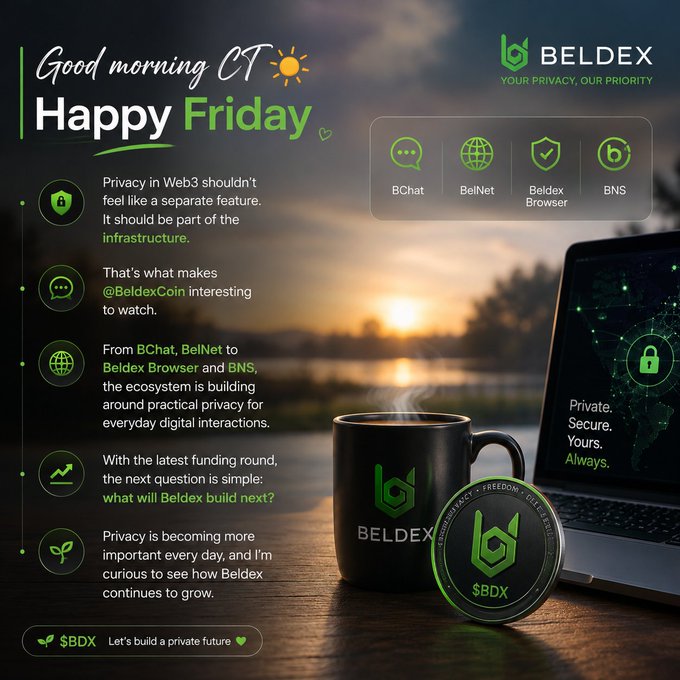A BELDEX promotional graphic with 'Good morning CT Happy Friday' message discussing Web3 privacy, featuring a BELDEX mug, $BDX coin, and laptop with privacy-themed icons (BChat, BelNet, Beldex Browser, BNS).