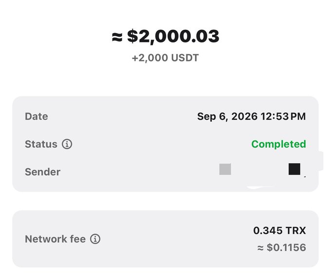 A transaction confirmation screenshot showing a completed transfer of +2,000 USDT (≈$2,000.03) on Sep 6, 2026, with a network fee of 0.345 TRX (≈$0.1156), suggesting the poster received this payment and is expressing gratitude toward the sender on Web3 to kick off their week.