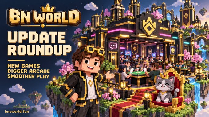 Promotional artwork for 'BN WORLD UPDATE ROUNDUP' featuring a blocky, pixelated character in a casino setting, advertising 'NEW GAMES BIGGER ARCADE SMOOTHER PLAY' at bnworld.fun.