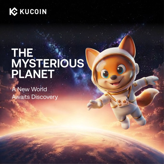 A KuCoin astronaut dog mascot floats above a glowing planet with the tagline "THE MYSTERIOUS PLANET – A New World Awaits Discovery," promoting a $100,000 USDT bounty event encouraging users to trade $100+ in futures to claim rewards.
