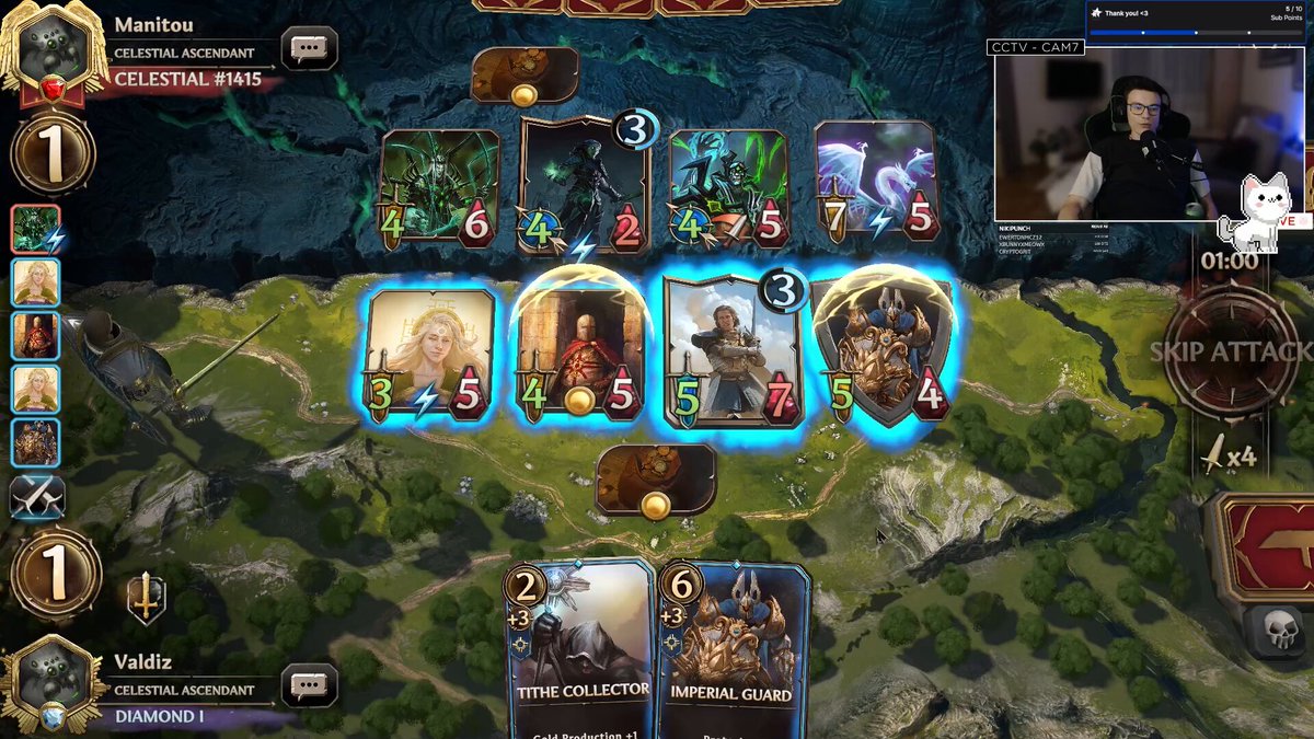 The image shows a video game screen with various characters, including a man holding a sword and a woman holding a shield. The game appears to be a card game called "F2P to Celestial Hit", which involves players rolling dice and moving their pieces along a path based on the numbers rolled. The post suggests that there is a way to reach the highest rank in this game without spending any money, as it can be achieved by using celestial cards or other magical items found within the game.