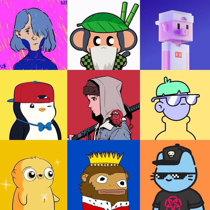 A 3x3 grid of nine colorful NFT character illustrations, including a blue-haired girl, a monkey with bamboo, a Minecraft-style figure, a penguin with a red cap, a samurai with a red daruma, a purple character with glasses, an orange creature, a crowned monkey king, and a shark in pixel sunglasses.