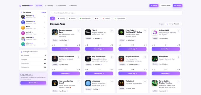 A screenshot of the EmberHub app store interface showing various mini-apps and games like 'Ransom $Ansem Game', 'Wurd', and 'Pepe Picker' with launch buttons.