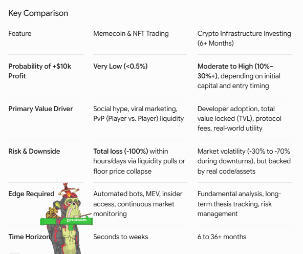 A 'Key Comparison' table comparing 'Memecoin & NFT Trading' with 'Crypto Infrastructure Investing (6+ Months)' across features like 'Probability of +$10k Profit', 'Primary Value Driver', 'Risk & Downside', 'Edge Required', and 'Time Horizon', featuring a Pepe mascot and a '@renksmith' handle.