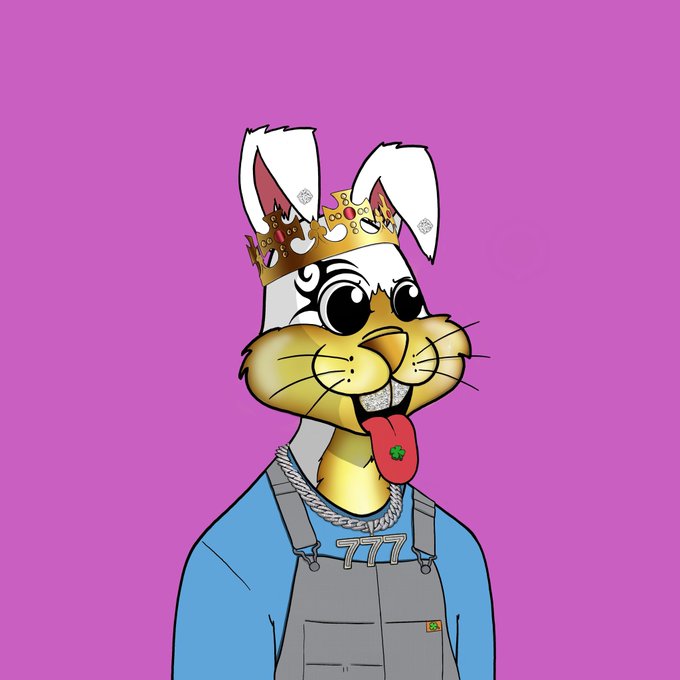 Digital illustration of an anthropomorphic rabbit with a gold crown, silver chain necklace, and blue shirt with grey overalls, sticking out its tongue against a pink background.