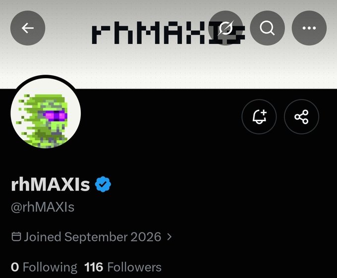 A Twitter/X profile page for "rhMAXIs" (@rhMAXIs), a verified account with 116 followers and 0 following, joined September 2026, featuring a green pixelated character with purple sunglasses as the profile picture—matching the collection's description of 10,000 pixel-native characters on the Robinhood Chain.