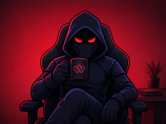 The image features a person sitting in an office chair, wearing a hoodie with red eyes and holding a coffee cup. The background of the image has a red hue that matches the hoodie's color scheme. There are also two potted plants visible in the scene - one on the left side and another on the right side. The post reads "GM My CT Family How is your day going? Quack Quack my @wallchain duck". This text seems to be related to a cartoon character, possibly from the movie "Wall-E", which is known for its distinctive red eyes and overall appearance.