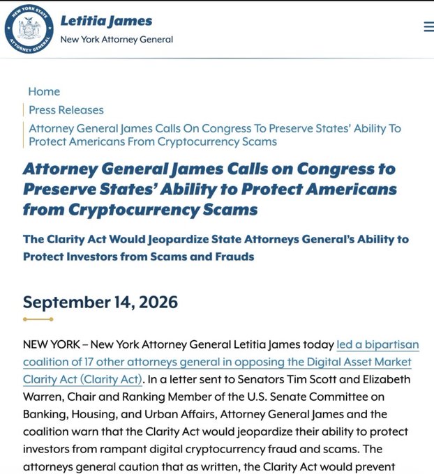 A screenshot from New York Attorney General Letitia James's official website shows a September 14, 2026 press release titled "Attorney General James Calls on Congress to Preserve States' Ability to Protect Americans from Cryptocurrency Scams," announcing her leadership of a bipartisan coalition of 18 attorneys general opposing the Digital Asset Market Clarity Act. The post highlights how this image documents the formal basis for the warning, with the article noting the Clarity Act would "jeopardize state attorneys general's ability to protect investors from scams and frauds."