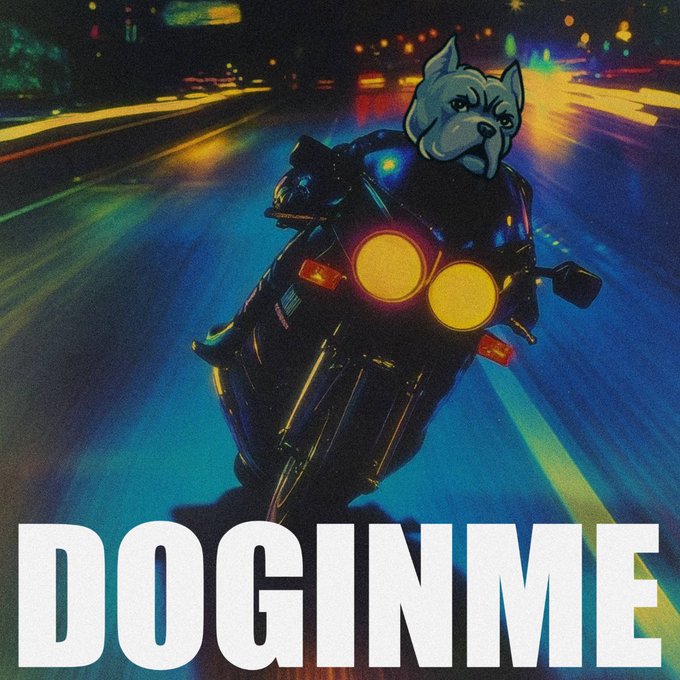 An illustrated retro-style image of a bulldog riding a motorcycle at night with glowing headlights, featuring the text 'DOGINME' prominently displayed in white letters at the bottom.