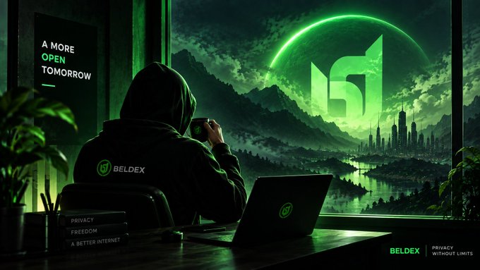A dark, atmospheric image of a hooded figure with 'BELDEX' on their jacket, sitting at a laptop overlooking a futuristic city with a large green 'bd' logo in the sky; text reads 'A MORE OPEN TOMORROW'.