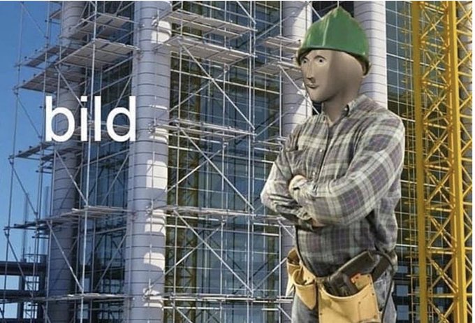 A construction worker wearing a green hard hat and tool belt stands before a building under scaffolding, with the word 'bild' overlaid.