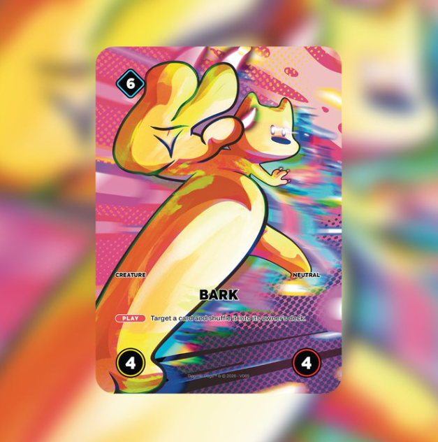 A colorful trading card featuring a squirrel character named BARK (cost 6, 4/4 stats, Neutral creature) with the ability to target a card and shuffle it into its owner's deck.