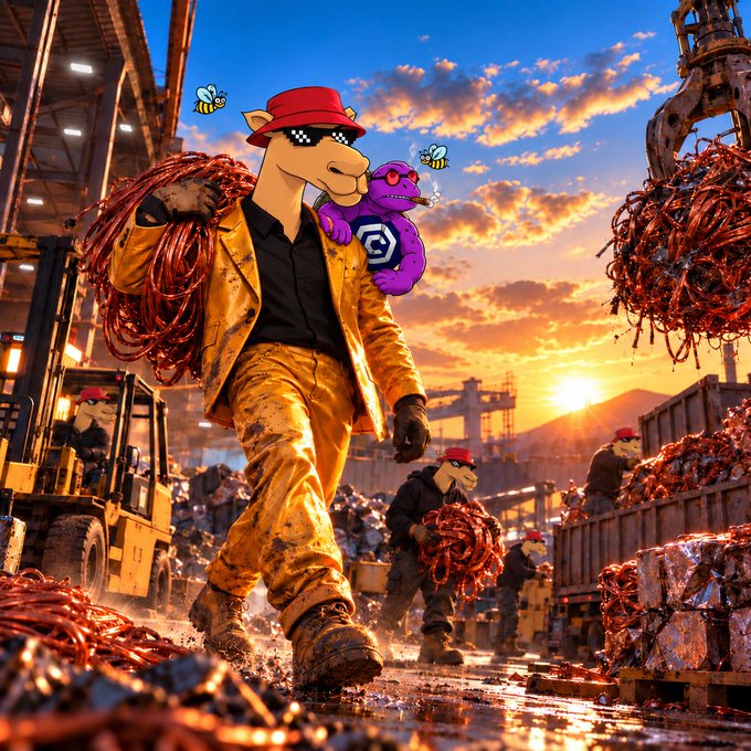 An AI-generated image of a cartoon llama in sunglasses, a red hat, and an orange suit carrying copper wire, walking through a scrapyard at sunset with a small purple dragon on its shoulder.