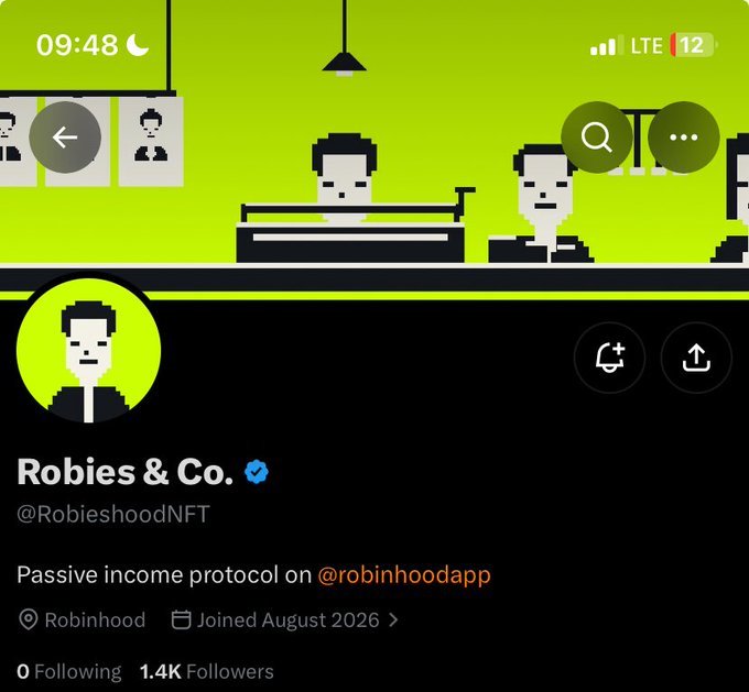 A mobile screenshot of a Twitter/X profile for 'Robies & Co.' (@RobieshoodNFT), a verified account describing itself as 'Passive income protocol on @robinhoodapp', joined August 2026, with 1.4K followers and 0 following, featuring pixel art character imagery.