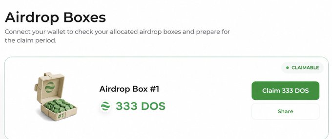 The screenshot displays an "Airdrop Boxes" interface where users can connect their wallet to claim their allocation, showing one claimable Airdrop Box #1 containing 333 DOS tokens with options to "Claim 333 DOS" or "Share." This visual confirms the post's announcement that the DAPPOS $DOS Airdrop Claim is officially live, inviting eligible users to check and claim their allocated tokens at dappos.com/airdrop.