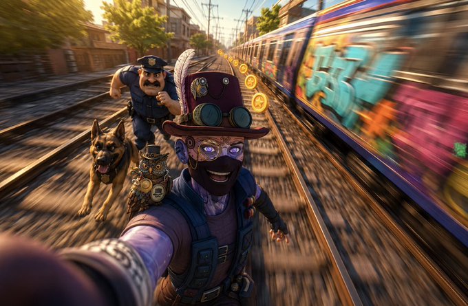 A 3D-rendered scene of a steampunk-style character with a top hat, goggles, and glowing purple eyes taking a selfie while running from a police officer and a German shepherd on train tracks, with coins floating in the air and a graffiti-covered train passing by.