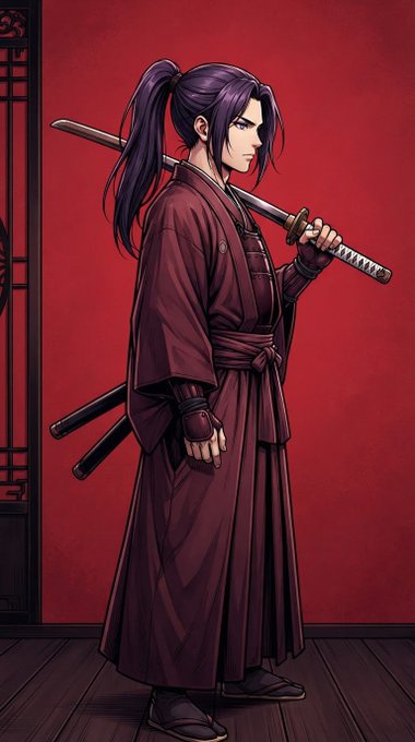 An anime-style illustration of a swordsman with a dark ponytail wearing a maroon kimono, holding a katana over his shoulder against a red background.