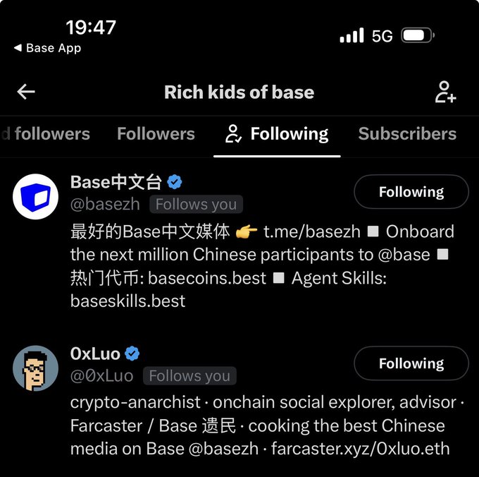 The image shows a Base App "Following" list titled "Rich kids of base," displaying two accounts the user follows: Base中文台 (@basezh) and 0xLuo (@0xLuo), both marked as "Follows you" with a "Following" button. The accounts reference @base, basecoins.best, and baseskills.best, supporting the post's claim about Base team accounts following back.