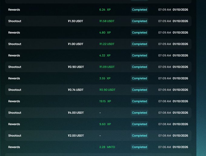 A dark-themed app or web interface displaying a transaction history with 'Rewards' (XP values) and 'Shootout' (USDT amounts) entries, all marked 'Completed' with timestamps from October 1, 2026.