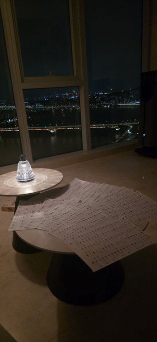 A dimly lit room features a table draped with sheets of paper covered in handwritten notes, alongside a decorative illuminated bell, with a nighttime city view visible through large windows.