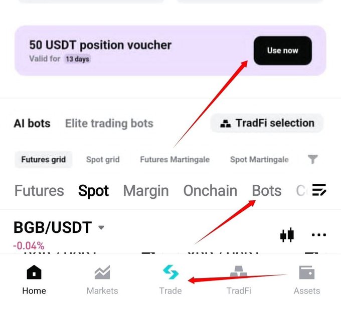 The image shows a Bitget exchange interface with a "50 USDT position voucher" banner valid for 13 days, featuring red arrows guiding users through the steps: tapping "Trade" on the bottom navigation, then "Bots" at the top, and finally "Use now" on the voucher banner to redeem the offer.