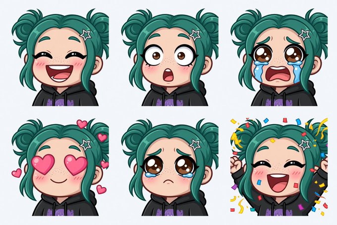 A digital illustration of a chibi-style character with teal hair in buns wearing a black hoodie, displayed in six different emotional expressions including laughing, shocked, crying, heart-eyes, sad, and celebrating.