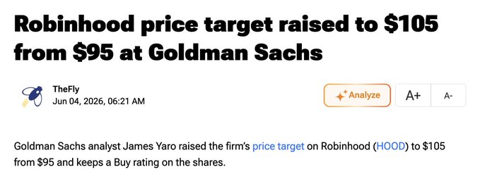In the image, there are two separate lines of text floating above a grey-colored photo. The first line starts with "BREAKING" followed by a number that represents the index of the current post, which is "9". Next, an orange background with white text reads "Goldman Sachs Raises $HOOD PRICE TARGET TO $105 FROM $95", indicating that the price target set for the fund has been raised to $105. The second line is blank and positioned below the first one in a vertical alignment.