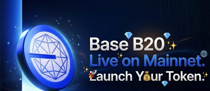 A promotional graphic announcing "Base B20 Live on Mainnet - Launch Your Token," featuring a blue gem-like Base network logo on a dark background with sparkling accents. The image visually reinforces the post's announcement of the B20 native token standard going live on Base mainnet, matching the call to action for users to create tokens via the launch platform.