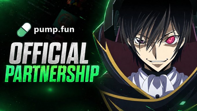 An anime character featuring red eyes and a sinister smile appears beside the "pump.fun" logo with bold "OFFICIAL PARTNERSHIP" text in white and green, announcing the creator's collaboration with the Pumpfun platform to document their memecoin trading experience on Solana.