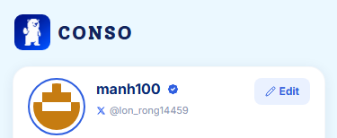 A profile card from the CONSO platform shows the username 'manh100' with an X (Twitter) handle '@lon_rong14459' and an 'Edit' button.