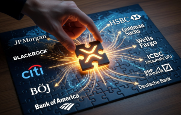 The image shows a hand placing a glowing XRP puzzle piece into a larger puzzle featuring logos of major global financial institutions including JPMorgan, BlackRock, Citi, Bank of America, Goldman Sachs, Wells Fargo, ICBC, Mizuho UFJ, BNP Paribas, Deutsche Bank, and HSBC. The scene visually reinforces the post's message that XRP is "the final piece of the global financial puzzle," symbolizing XRP's integration into the traditional banking and financial system.