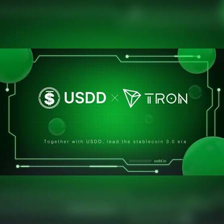The image is a green promotional graphic displaying the logos and names "USDD" and "TRON" (Tronix) alongside each other, with the tagline "Together with USDD, lead the stablecoin 3.0 era" and the website "usdd.io."

The image relates to the accompanying post by showcasing the partnership between USDD (a decentralized stablecoin) and TRON (the blockchain network USDD operates on), highlighting their collaboration as a foundation for simple, accessible Web3 promotional activities like the Galxe campaign with Travala mentioned in the text.
