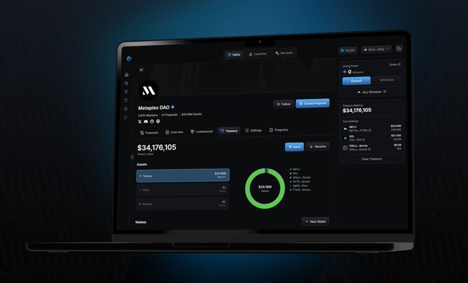A laptop screen displaying the 'Metaplex DAO' interface with a total value of $34,176,105, showing treasury assets and top holders on a dark-themed dashboard.