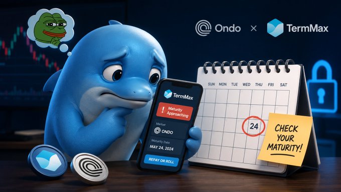 A blue cartoon dolphin looks worriedly at a phone displaying a "TermMax" notification that reads "Maturity Approaching" for an "ONDO" position with a "Maturity Date" of "MAY 24, 2024" and a "REPAY OR ROLL" button, while a calendar with the 24th circled and a sticky note saying "CHECK YOUR MATURITY!" sit nearby. The image humorously illustrates the post's warning that crypto traders track meme coins (symbolized by the Pepe thought bubble) but overlook debt maturity dates, urging Ondo Finance users on TermMax to repay or roll before collateral gets liquidated.