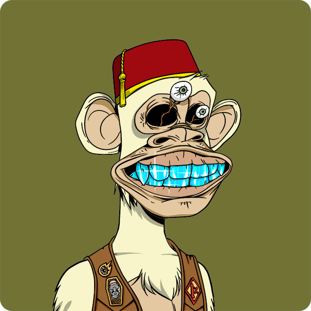 A cartoon illustration of a distressed, zombie-like monkey character wearing a red fez hat, displaying bulging eyes and a wide grin with glowing blue teeth, dressed in a brown vest with patches.